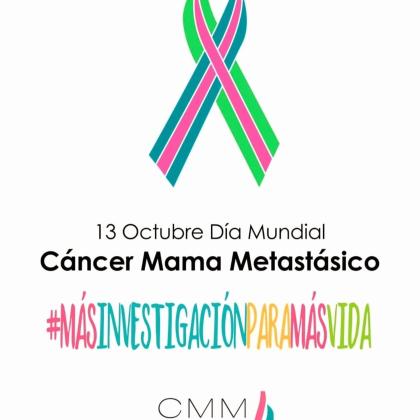 Asociación Española Cáncer de Mama Metastásico - 13 de Octubre - #MásInvestigaciónParaMásVida (Lazo rosa y verde, colores representativos del cáncer de mama metastásico)