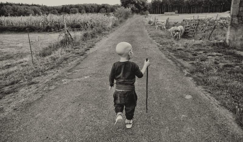 En la imagen aparece un niño de espaldas de unos seis años, que ha perdido el pelo, caminando hacia adelante apoyándose en un palo.