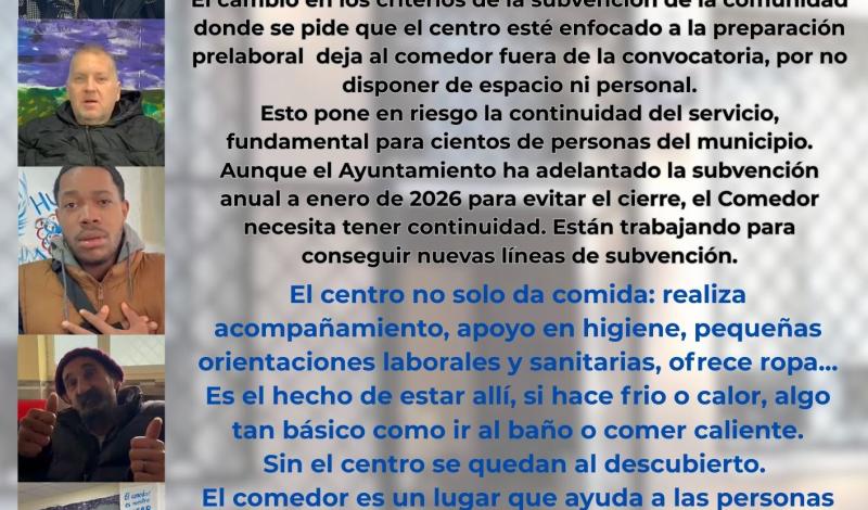 cartel informativo sobre el Comedor solidario de Torrejón de Ardoz. Hay varias fotografías mostrando escenas de reparto de comida, actividades y personas voluntarias colaborando en tareas. El resto de la imagen está ocupado por un texto explicativo que describe la labor del comedor, la situación actual de la subvención que pone en riesgo su continuidad y la importancia del servicio para personas en situación de vulnerabilidad. 