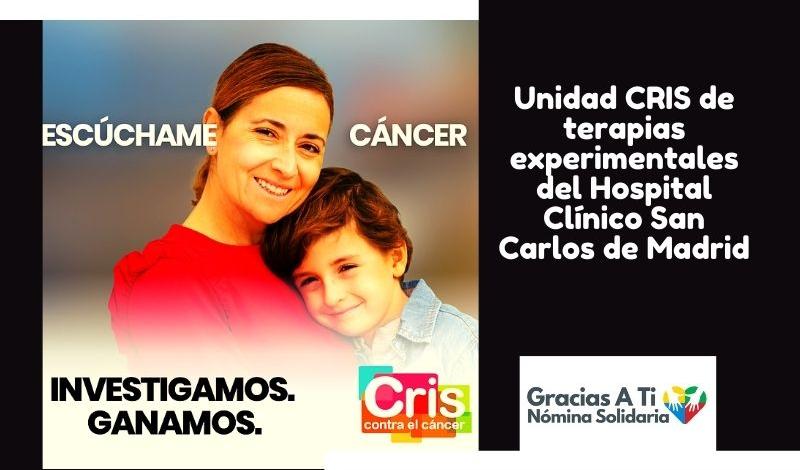 Imagen de Rocio y Samuel abrazados y se lee "Escúchame cancer. Investigamos. Ganamos", y tras ello el logo de la Fundación Cris contra el Cáncer