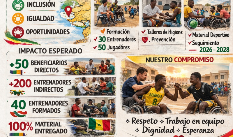 Cartel informativo del proyecto NIO FAR sobre baloncesto en silla de ruedas en Senegal. Se muestran jugadores africanos con discapacidad practicando deporte en Dakar, junto a información sobre inclusión, salud, formación y sostenibilidad. El diseño utiliza los colores de la bandera de Senegal (verde, amarillo y rojo) y destaca el impacto social del programa.