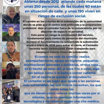 cartel informativo sobre el Comedor solidario de Torrejón de Ardoz. Hay varias fotografías mostrando escenas de reparto de comida, actividades y personas voluntarias colaborando en tareas. El resto de la imagen está ocupado por un texto explicativo que describe la labor del comedor, la situación actual de la subvención que pone en riesgo su continuidad y la importancia del servicio para personas en situación de vulnerabilidad. 