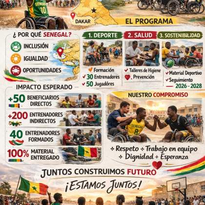 Cartel informativo del proyecto NIO FAR sobre baloncesto en silla de ruedas en Senegal. Se muestran jugadores africanos con discapacidad practicando deporte en Dakar, junto a información sobre inclusión, salud, formación y sostenibilidad. El diseño utiliza los colores de la bandera de Senegal (verde, amarillo y rojo) y destaca el impacto social del programa.