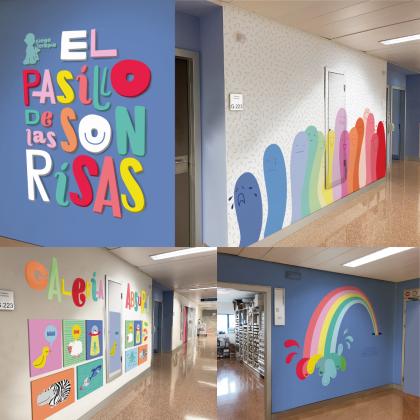 En la imagen aparecen las letras del proyecto en diferentes colores así como una pequeña muestra de las galerias con dibujos en las paredes