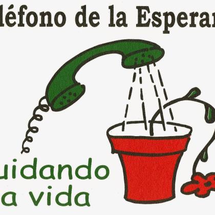 Teléfono verde regando una planta y con el mensaje "Cuidando la Vida"